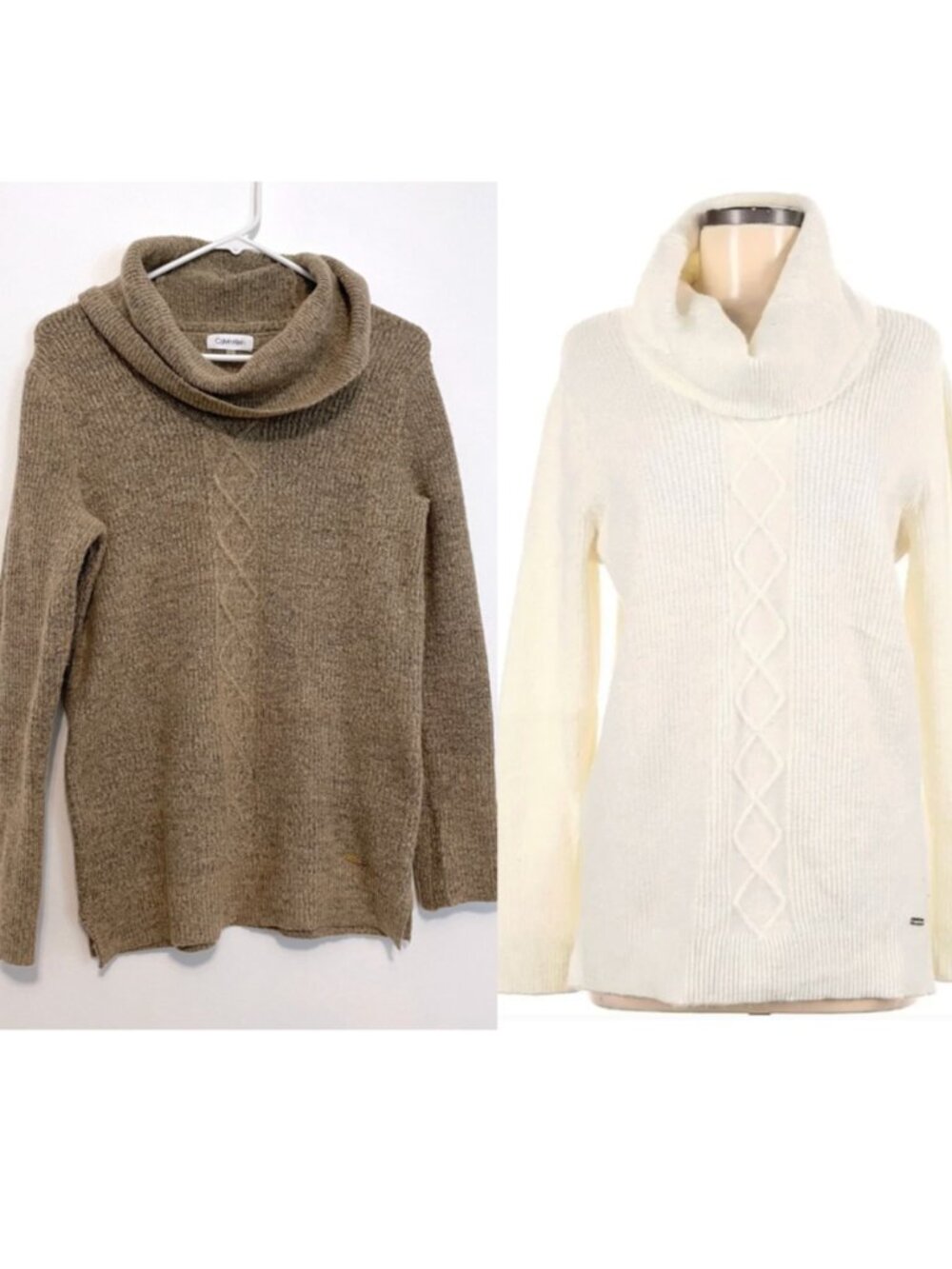 CALVIN KLEIN Beige Tan Black Chunky Knit Cable Knit Diamond Cowl Neck Sweater S